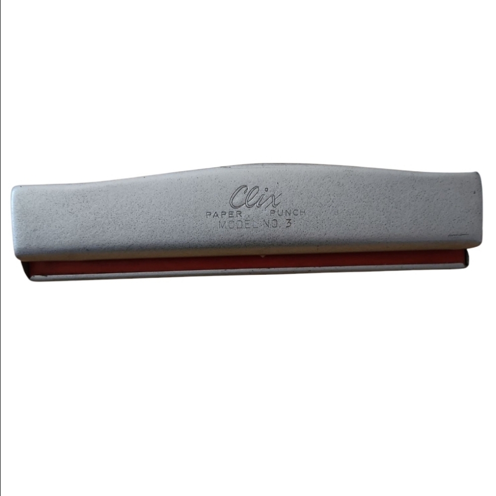 Vintage CLIX Paper Punch 3 Hole Puncher Solid Metal Red Silver Made in USA